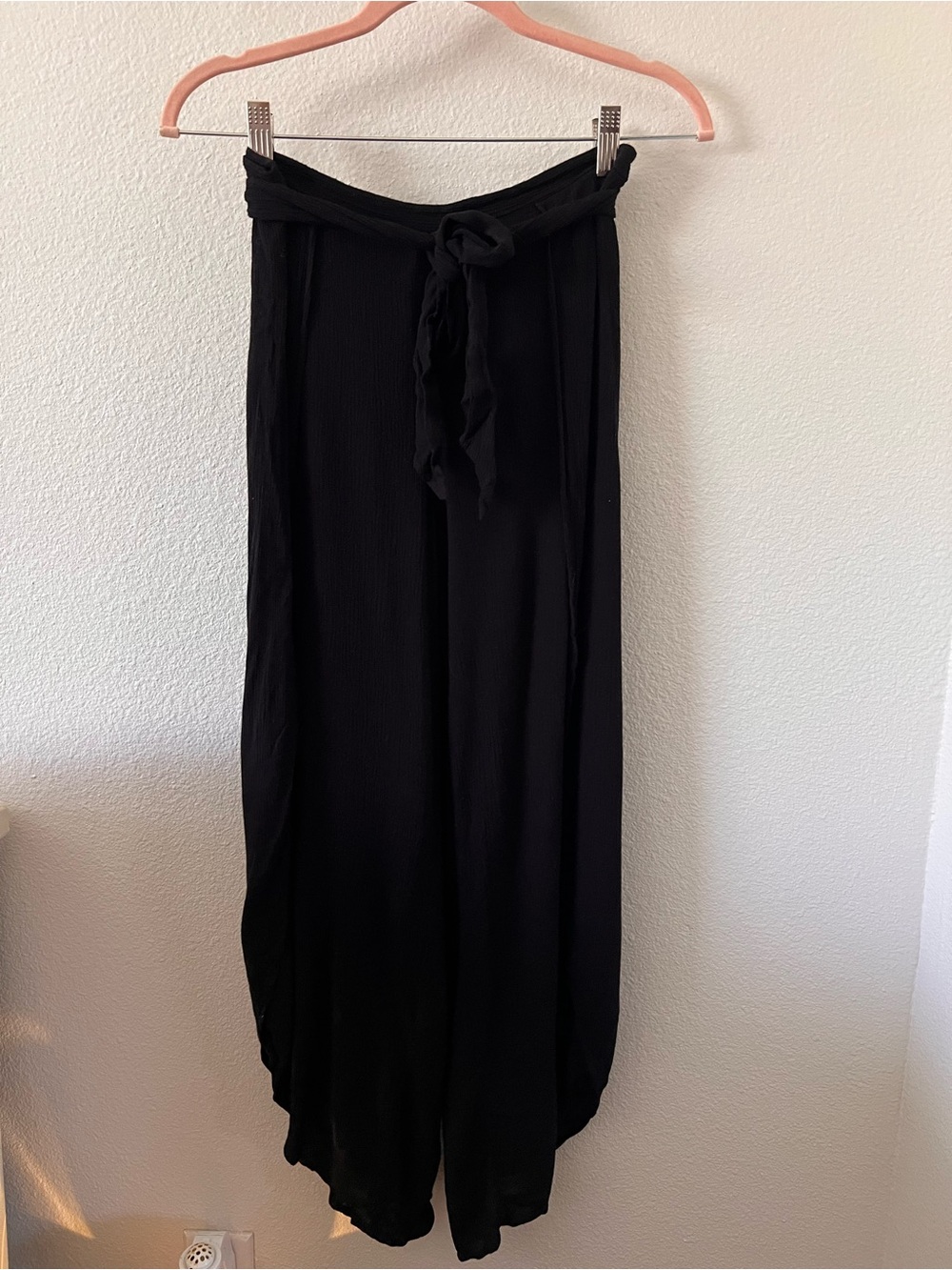 American Rag Black Tie-Waist Flowy Linen Pants Side Slits - Women S